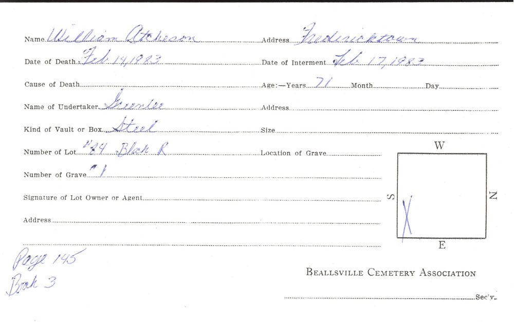 William Atcheson burial card